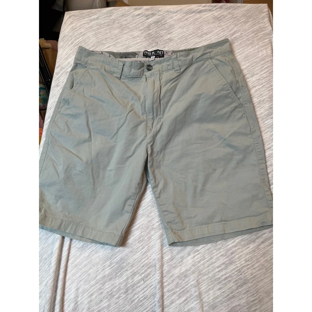 Free Planet Mens Organic Cotton Stretch Chino Shorts‎ Khaki Sage Green Size 34